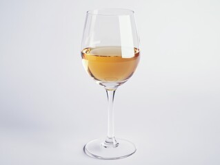 A single wine glass containing a small amount of white wine, against a light grey background.