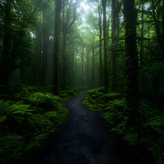 Obraz premium Misty forest path, ferns, travel, nature