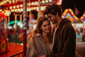 Obraz premium Portrait of a tender couple in their 30s dressed in a comfy fleece pullover while standing against vibrant amusement park
