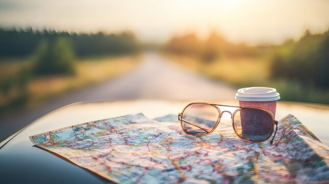 Map spread out on the hood of a car with a coffee cup and sunglasses road trip planning under the warm summer sun Stock Photo with side copy space