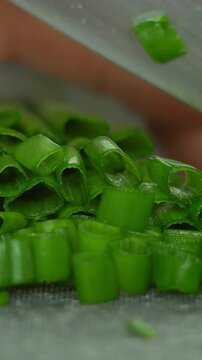 Close up of hands cut fresh green onions with kitchen knife. Cooking food with greens. Greens, vegetables. Vertical shot