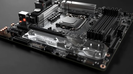 Innovative transparent motherboard showcase in high-tech lab environment