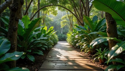 Naklejka premium A wooden pathway leads through lush, green tropical foliage under a canopy of tall trees, with sunlight filtering through, creating a serene and inviting atmosphere
