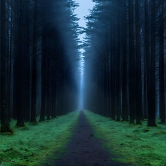 Misty forest path, nature scene, tranquility