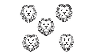 Black and white lion head illustrations in various poses for wildlife and animal designs