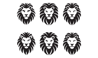 Black and white lion head illustrations in various poses for wildlife and animal designs