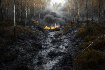 Fototapeta premium forest path engulfed in smoke and flames, showcasing aftermath of fire. scene evokes sense of destruction and loss