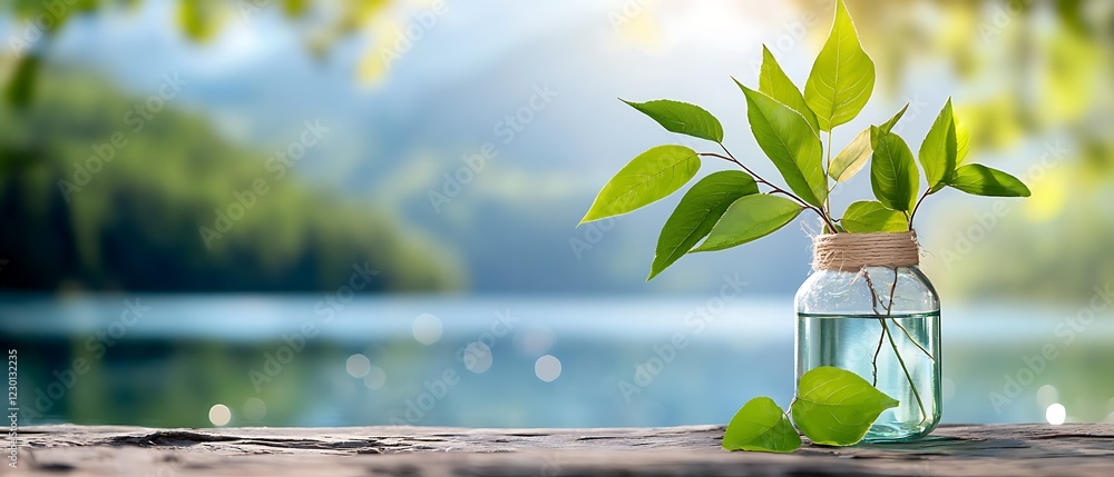 Poster floating bottles in a serene mountain reservoir a powerful visual metaphor highlighting the need for