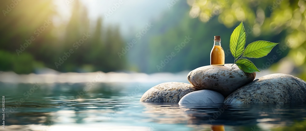 Poster floating bottles resting peacefully amongst the large rocks in a serene and tranquil reservoir setti
