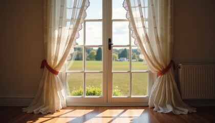 Fototapeta premium A bright, sunlit room with sheer, lace curtains tied back with red sashes, revealing a clear view of a green field and trees through a large, multi-paned glass door. The scene suggests mild weather an