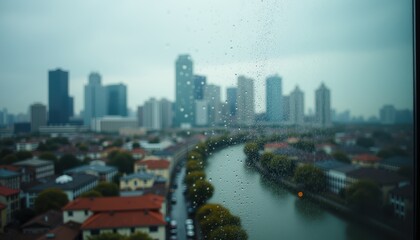 Obraz premium A rainy day in the city with raindrops on the window, revealing a blurred view of tall buildings and a river. The scene captures the moody, atmospheric vibe of rainy urban life