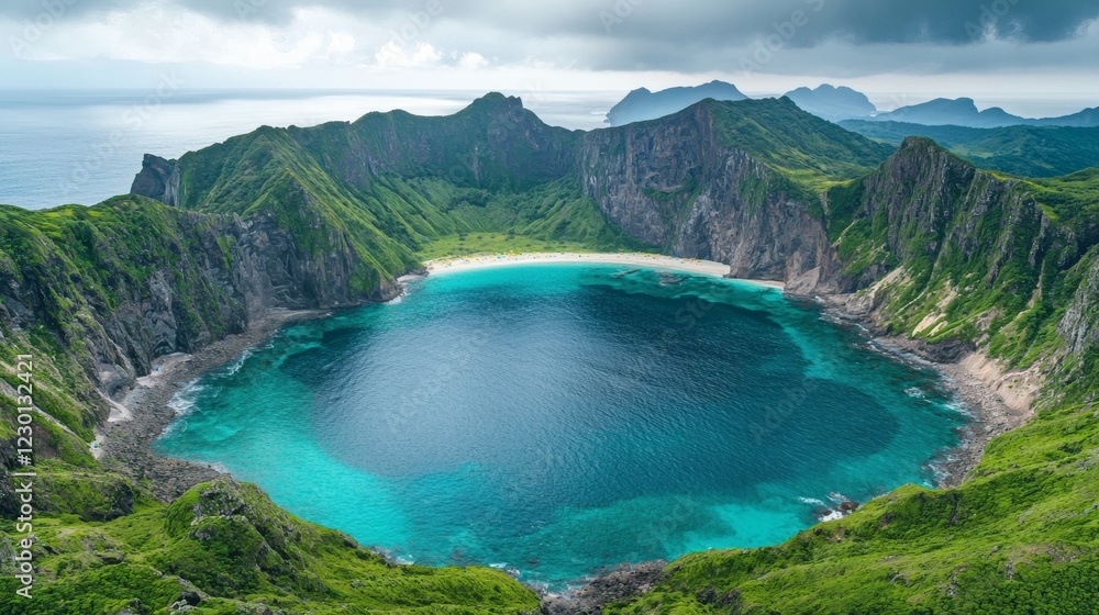 Poster aerial view of a remote beach campsite nestled between lush green cliffs and turquoise waters hidden