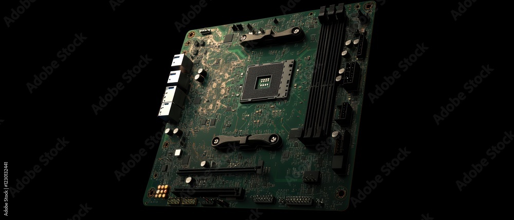Poster exploring high-fidelity motherboard design with close-up textures and studio setting