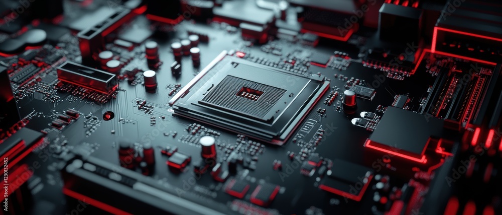 Poster exploring a sleek motherboard with high-resolution textures in a high-fidelity environment