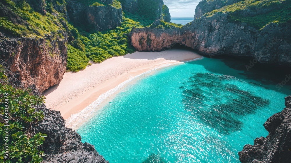 Poster aerial view of a remote beach campsite nestled between lush green cliffs and turquoise waters hidden
