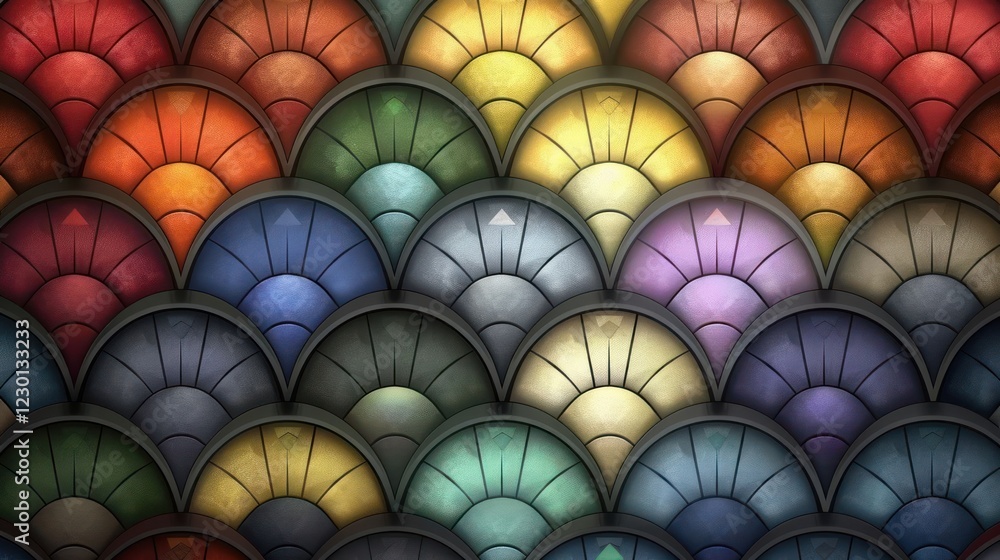 Poster colorful fan-shaped patterns creating a vibrant abstract background ideal for design projects
