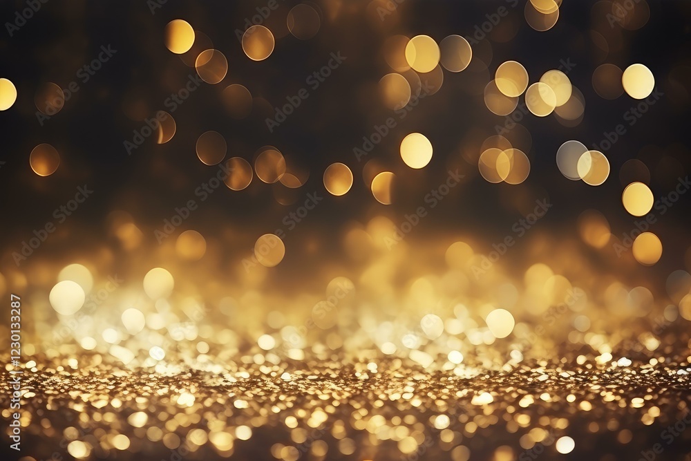 Poster golden glitter surface is sparkling with abstract bokeh lights creating a festive party background