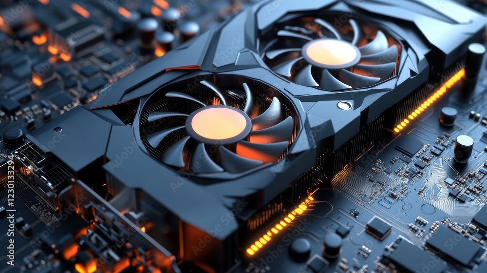 Poster closeup of a graphics card in a high-fidelity tech showcase with gigapixel details