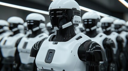 Fototapeta premium Robotic soldiers formation futuristic factory digital art high-tech environment close-up perspective innovation concept