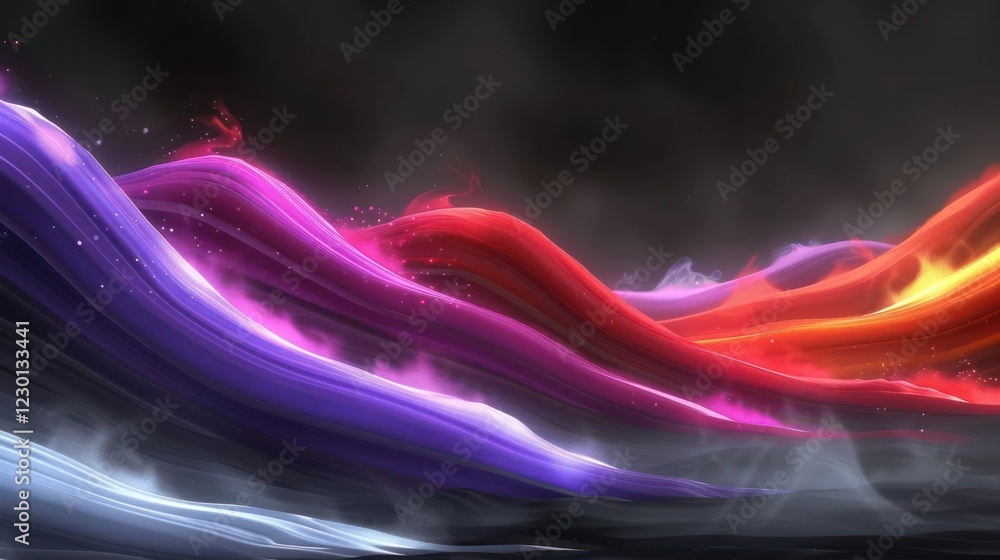 Poster abstract waves of vibrant colors flowing through a dark background, creating a dynamic visual effect