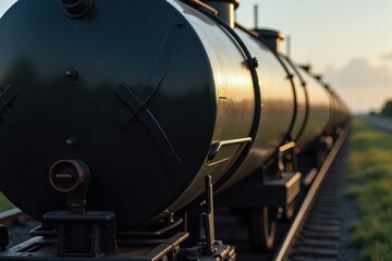 A close-up of a shiny black oil tanker on a freight train, highlighting its metal surface reflecting sunlight. The background shows blurred railway tracks and greenery