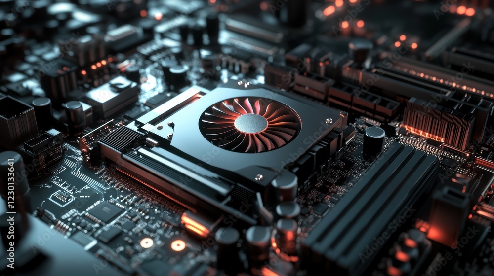 Poster showcasing high fidelity gigapixel graphics card in tech environment for enhanced visual performance