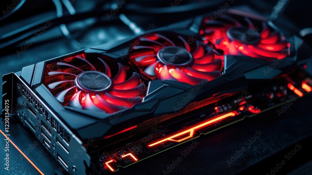 Aufkleber Close-up view of illuminated graphics card in a dark tech lab environment