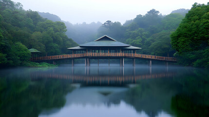 Misty lake, wooden bridge, pavilion, tranquil forest