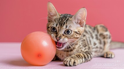 Playful kitten with spotted fur engaging with a pink ball on a soft surface, vibrant background