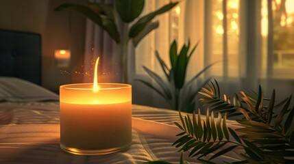 Warm candlelight flickering on a bedside table, casting a serene glow in a cozy room with plants
