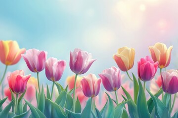 Colorful tulips in shades of pink, yellow, and red with green leaves, soft focus background in pastel tones, and bright natural light