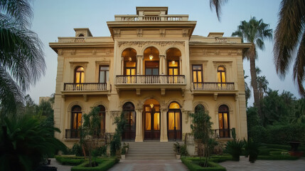 Obraz premium Opulent Mansion with Glowing Windows and Grand Architecture