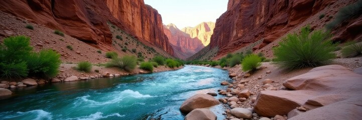 Rocky canyon walls with Colorado River flowing through, riverbed, , canyon