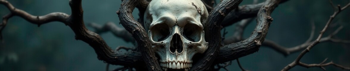 Twisted skull with dark branches wrapped around it like a macabre shroud, eerie, ancient