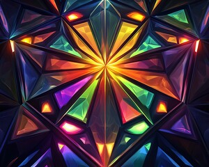 A 3D vector design of abstract geometric patterns with illuminated edges radiating bright colors and vivid contrast