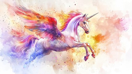 Colorful Winged Unicorn Leaping Through Abstract Dreamy Background
