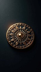 Round medallion gleams on a sleek black surface, flat, contemporary, modern