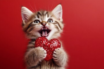 Cute kurilian bobtail feline infant with sparkling rhinestones red heart - emblem of love, funny greeting card. Promotion idea. Kurilian bobtail - my beloved cat. Red kitten valentine image.