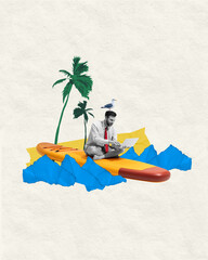 Remote work paradise. Relaxed businessman sitting cross-legged on paddleboard, working on laptop,...