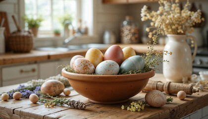 Colorful Easter eggs arrangement in a clay bowl on a rustic kitchen table, spring atmosphere