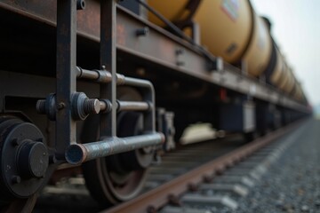 Fototapeta premium A detailed close-up of an oil tankers coupling mechanism on a freight train, highlighting the robust metal parts and safety features. The blurred background includes other train components