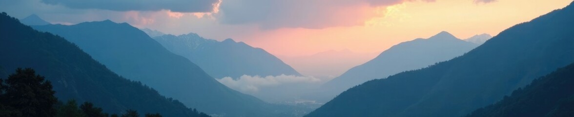 Obraz premium Serene Himalayan valley at dawn with misty mountains and a cloudy sky, cloudy sky, landscape