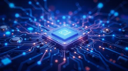 A blue chip on circuit board with light effects.