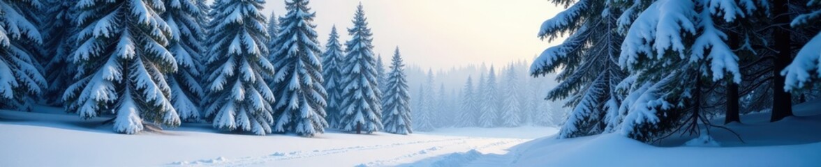 Serene snow-covered forest, towering pine trees, pine, peaceful
