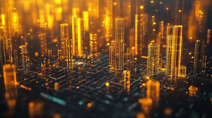 Futuristic Cityscape with Neon Lights and Digital Elements