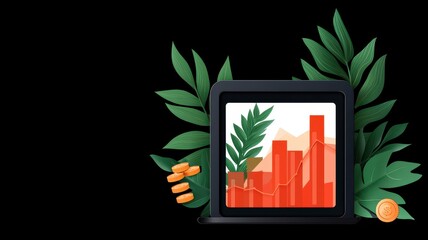 A digital dashboard displays growing bar graphs with green leaves framing the design, symbolizing growth and nature.