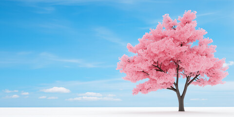 vibrant cherry blossom tree stands against clear blue sky, showcasing its beautiful pink flowers. serene landscape evokes sense of tranquility and natural beauty