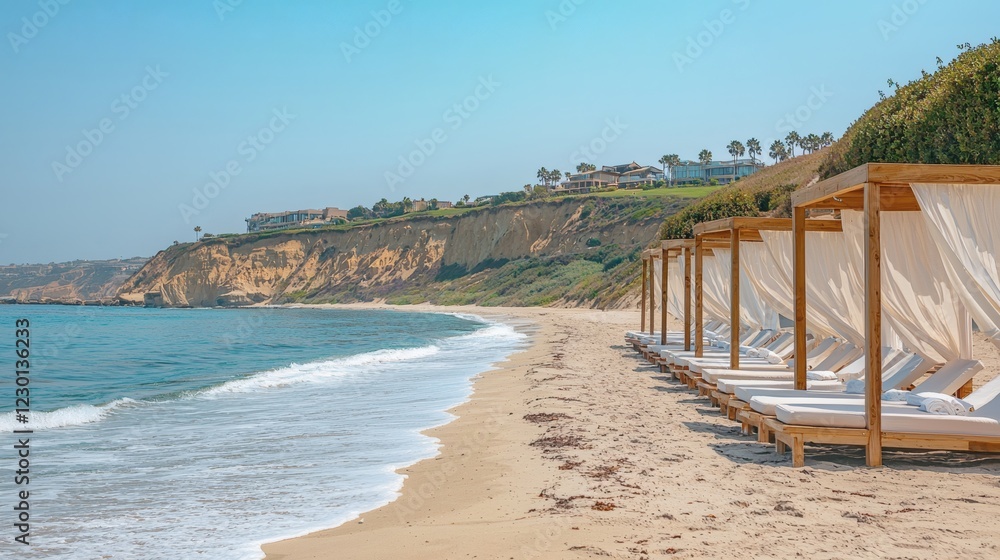 Poster exotic beach resort with private cabanas waves gently lapping at the shore barefoot luxury experienc