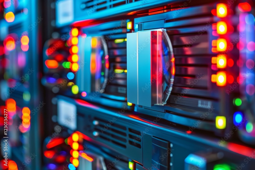 Poster network attached storage disk array in data center is flashing with lights