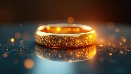 Shimmering golden ring on mirror reflection glows softly, shine, reflection